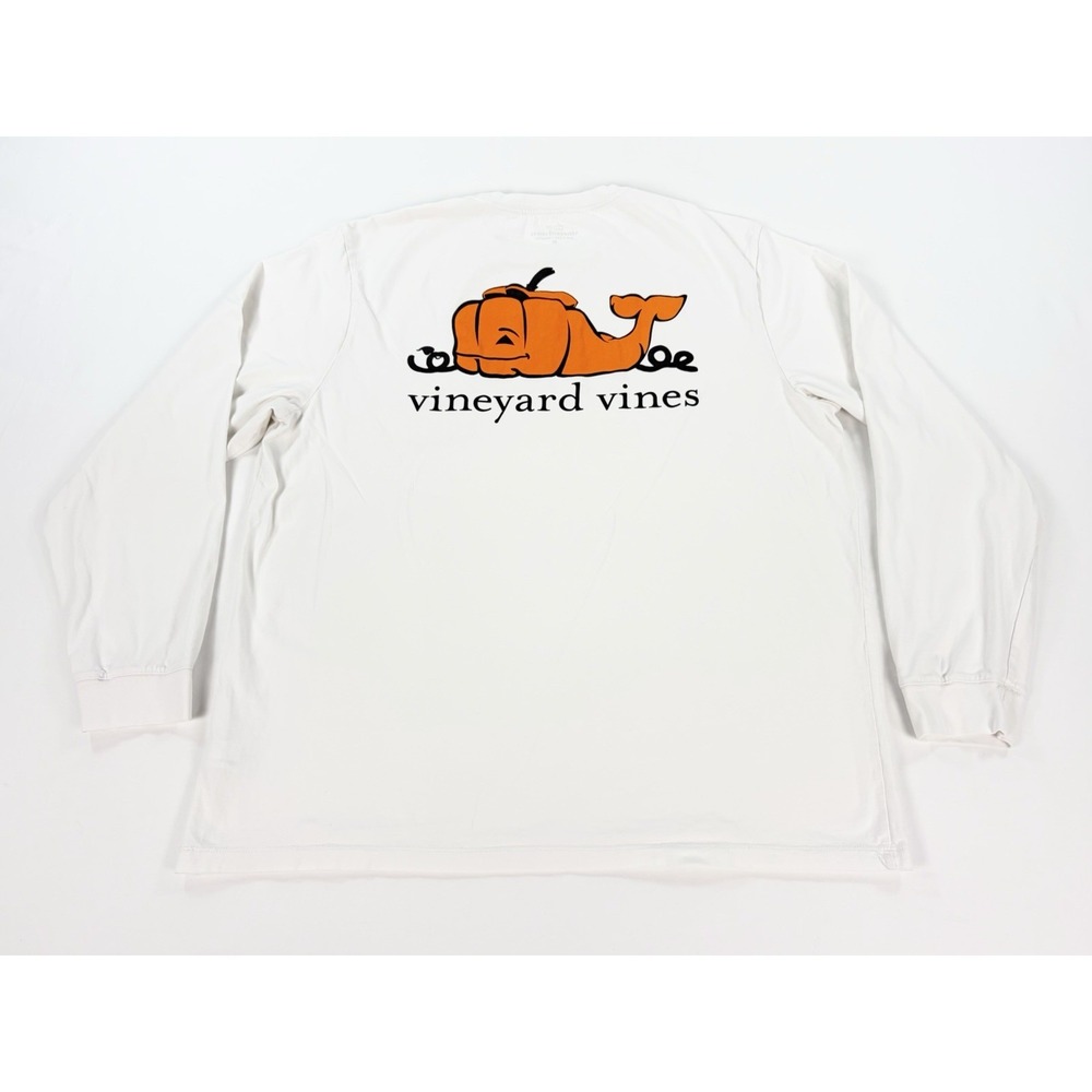 Vineyard Vines Long Sleeve Pocket T Shirt Men's XL White Pumpkin Whale Halloween